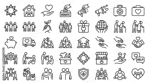 Charity donation and social welfare line icon set.