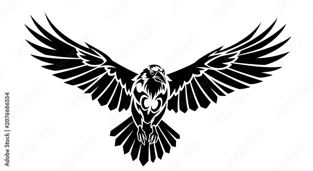 Fototapeta premium Stylized black raven with spread wings tribal art design.