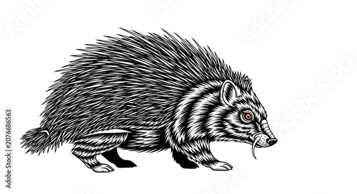 Fotografie Detailed illustration of a porcupine with distinctive striped markings and quills