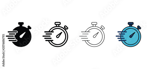 stopwatch icons with speed lines indicating fast motion  various design styles and colors for user interface elements