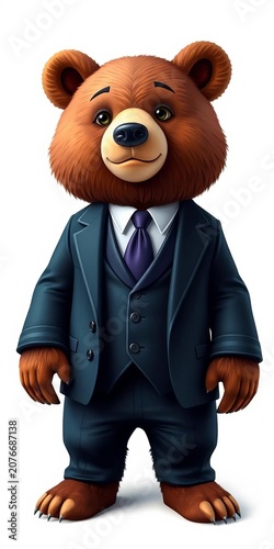 Formal bear in suit standing on white background, briefcase, animal