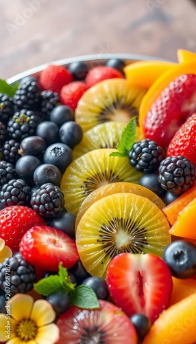 Fresh fruit platter with berries, grapes, and kiwi, ||healthy snacks, still life