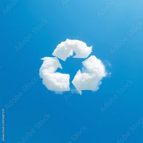 White, puffy clouds in the shape of a recycling symbol float against a bright blue sky, clean, recycling