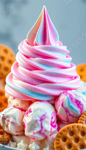 Creamy vanilla ice cream is piled high with swirly swirls of bright pink and blue, surrounded by crunchy wafers, dessert, icecream