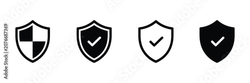 Fotografie Shield check mark icon set, vector illustration featuring security shield protection symbols with tick mark, safety approval, verification, defense, and secure system concept design elements