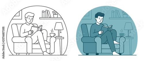 Man Reading Book in Armchair, Cozy Home Scene, Relaxing Lifestyle