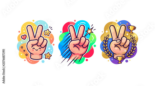 Peace sign hand gestures featuring cute smiling face fast motion and victory trophy wreath.