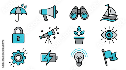 Blue linear icons for business and communication web interface.
