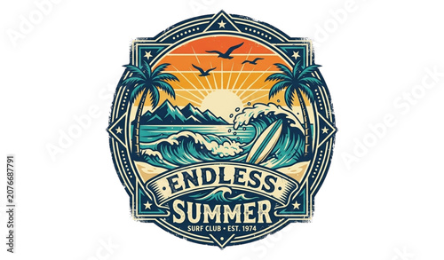 Untitled design - Vintage Endless Summer Beach T Shirt Design with Surfboard Sunset and Ocean Waves