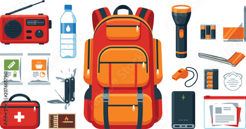 Foto Emergency survival kit vector illustration with backpack radio and first aid gea