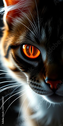 Whiskers illuminated by subtle glow, amber eyes piercing from darkness, profile, low key