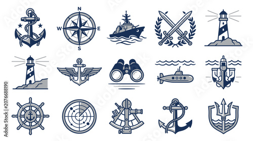 Photos Blue nautical maritime navigation and equipment icon set.