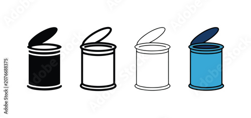 open tin cans in black white and blue colors for food or product packaging design  simple line art style
