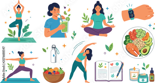 Foto Healthy lifestyle vector illustration set with women practicing yoga, eating nut