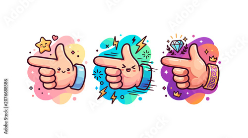 Three cartoon pointing finger stickers with different expressions and backgrounds, like winner.