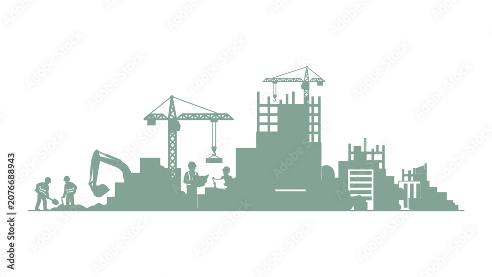 Obraz premium Construction Site Silhouette with Cranes Excavator and Workers Building Cityscape
