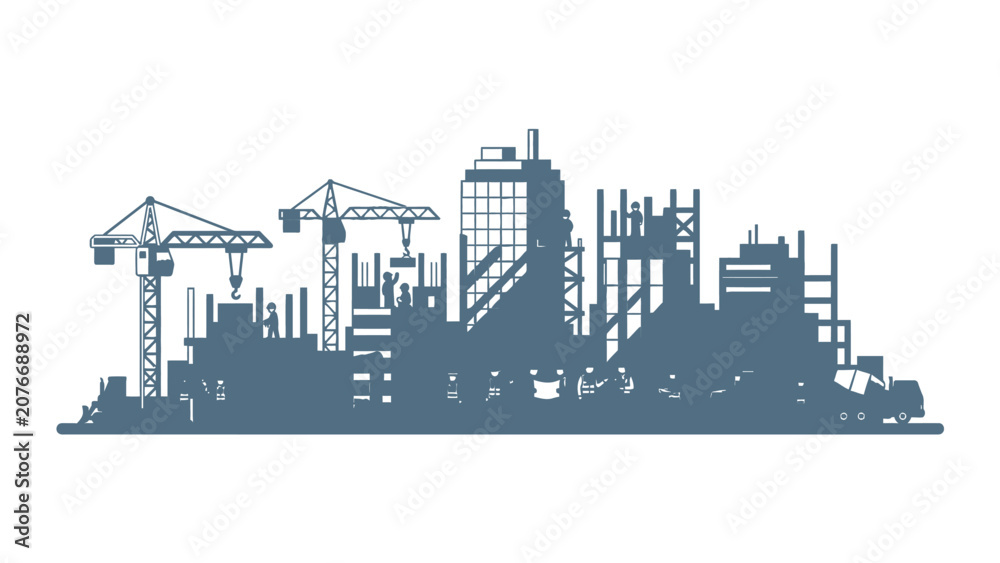 Obraz premium Modern City Construction Site Silhouette with Cranes and Buildings