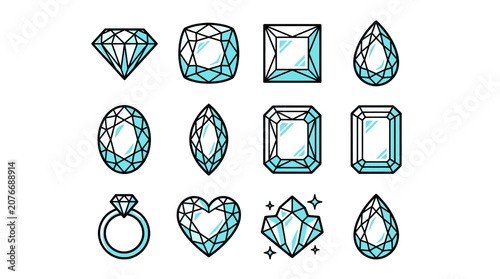 Photos Blue diamond and gemstone jewelry vector icon set.