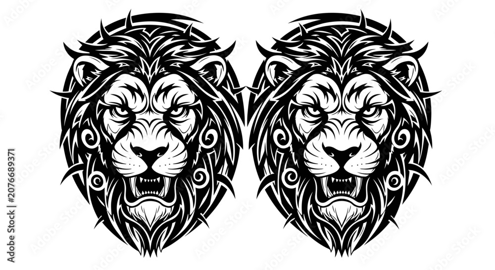 Obraz premium Two Roaring Lion Heads in Detailed Tribal Tattoo Style.