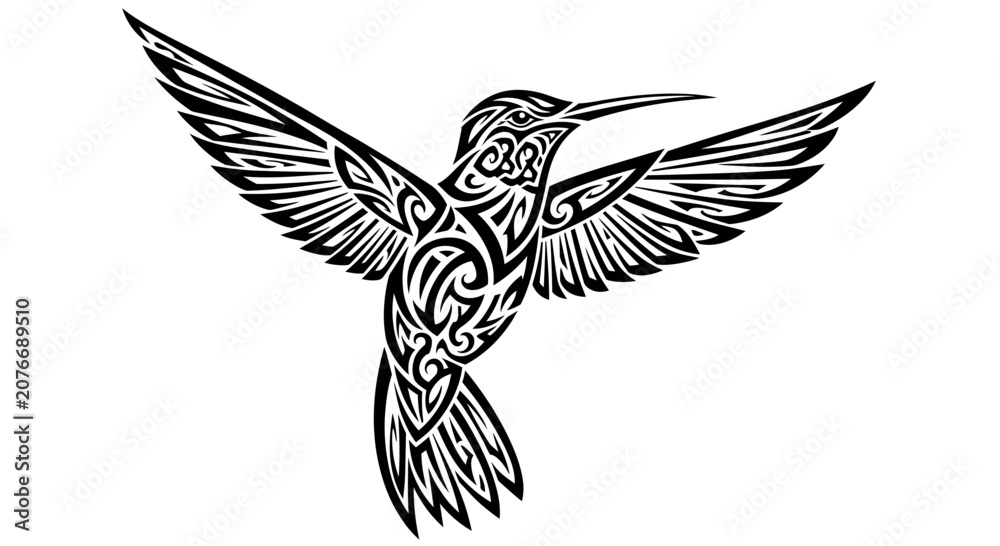 Fototapeta premium Intricate Tribal Hummingbird Tattoo Design with Spread Wings.