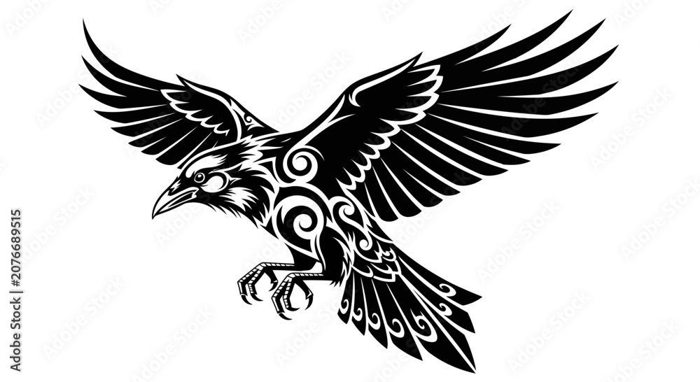 Fototapeta premium Stylized black raven with intricate tribal patterns in flight.