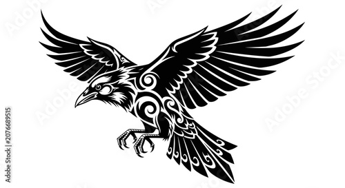 Stylized black raven with intricate tribal patterns in flight.