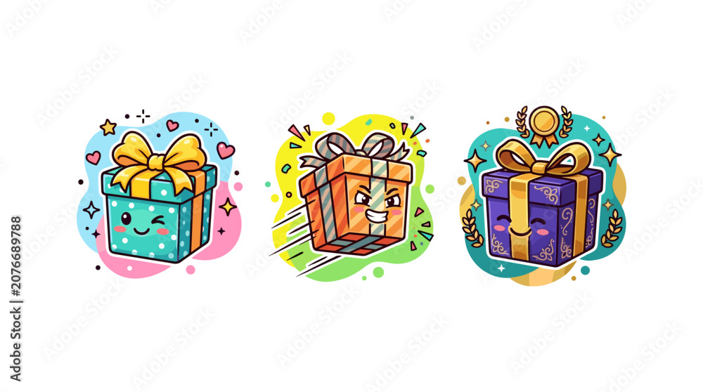Naklejka premium Set of three cute cartoon gift boxes with different facial expressions and decorative colors.