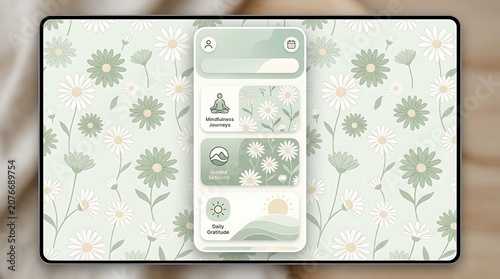 Mindfulness and meditation app interface on tablet with floral theme