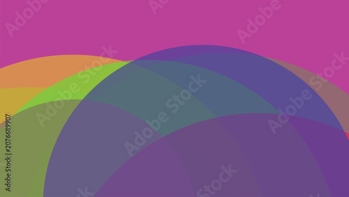 Abstract background, with overlapping curved, shapes in shades, of magenta, orange, green, and purple, for artistic projects