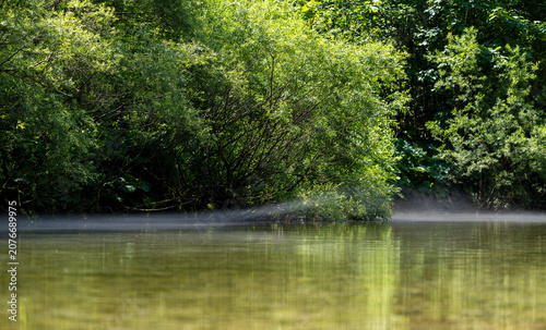 Konstfotografi Low mist floating above a tranquil river bordered by dense green forest in Slove