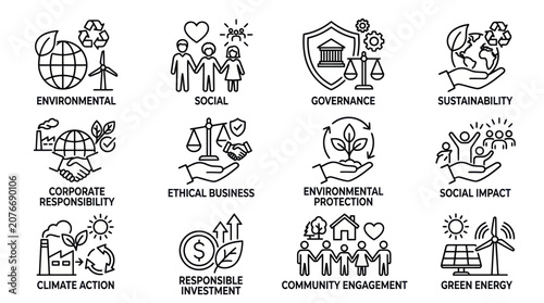 Photos ESG icons with descriptive labels for business ethics.