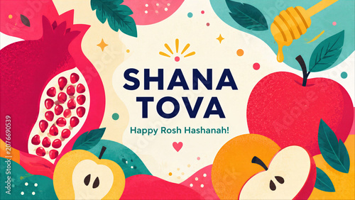 Rosh Hashanah Greeting Card with Shana Tova Text, Pomegranate, Apple, and Honey Illustration for Jewish New Year Celebration