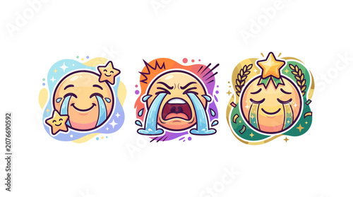 Set of emotional yellow emoji faces showing joy effort crying and winner trophy champion.