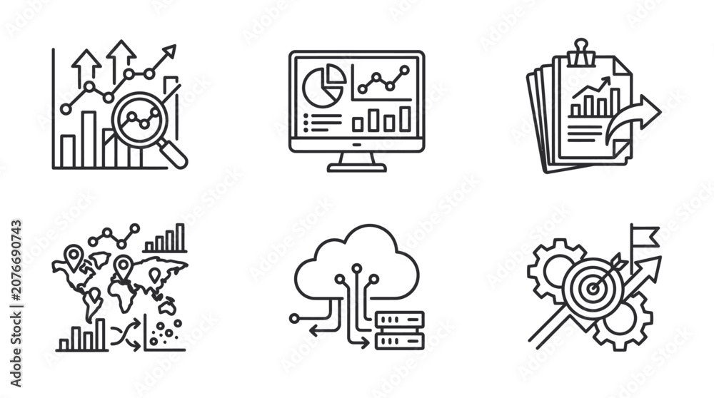 Fototapeta premium Global data analytics and cloud computing icons.