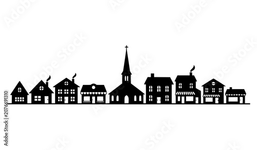 Foto Black Town Skyline Silhouette Vector with Historic Buildings and Church Spire