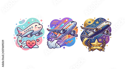 Cute cartoon airplane character showing three different emotions and actions, vector illustration.