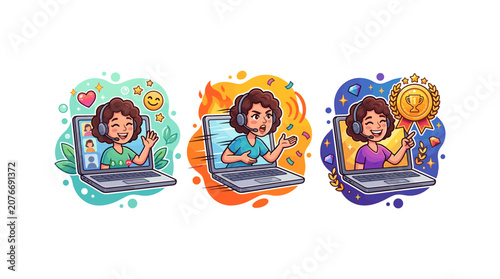 Cute cartoon woman on laptop showing three different emotions and actions, vector illustration.