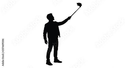 Foto Man Taking Selfie With Smartphone And Monopod Black Silhouette