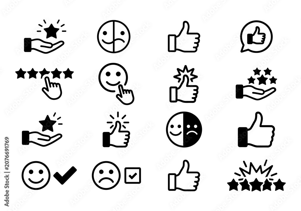 Fototapeta premium Set of feedback and rating icons, customer satisfaction, review, like, dislike, stars, smile and sad face