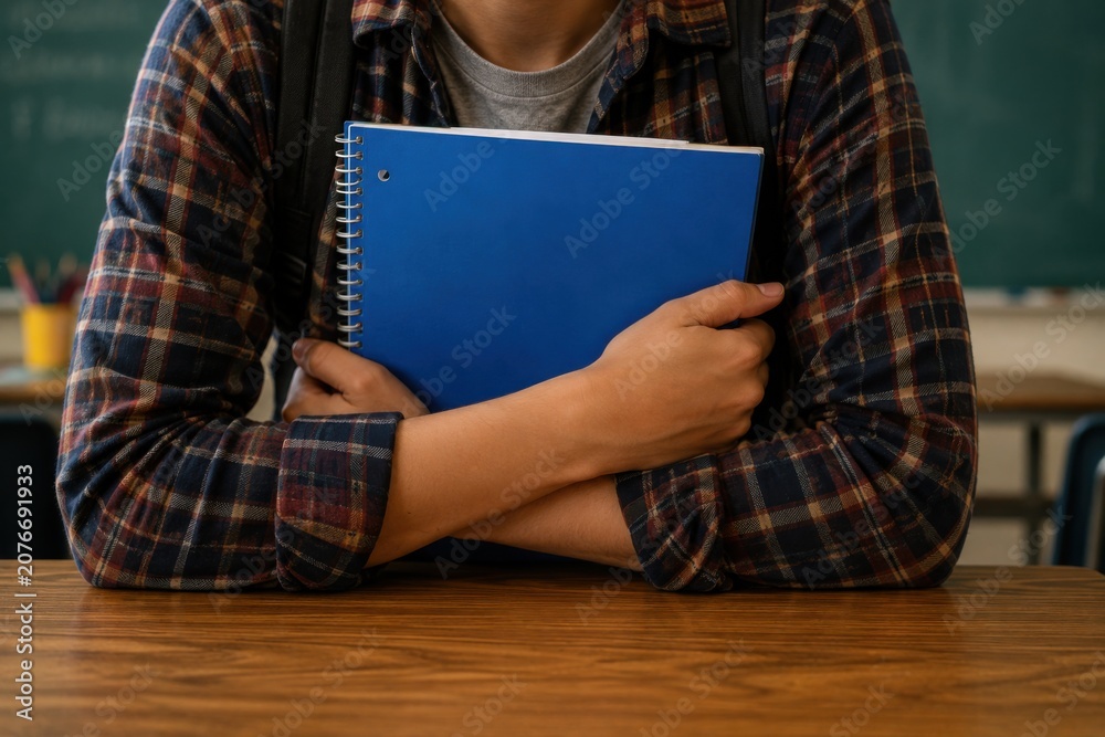 Fototapeta premium Student sitting at desk holding blue notebook against chest in classroom view