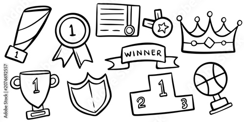 Award trophy and champion winner doodle element set