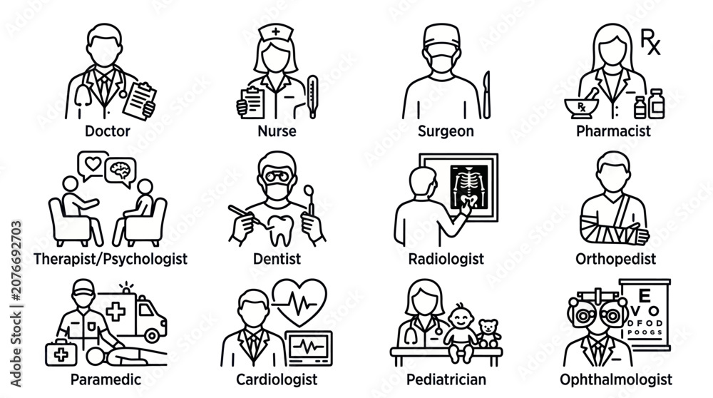 Fototapeta premium Labeled medical profession and specialist line icons