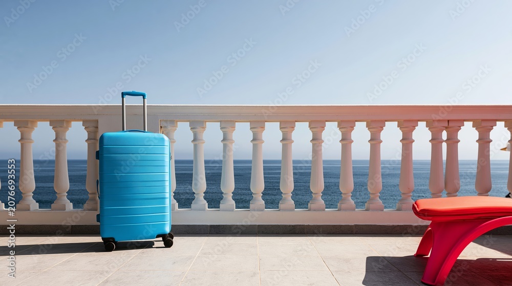 Fototapeta premium Luggage standing on a sunny balcony with an ocean view, a lounge chair nearby, inviting summer holidays and seaside escapes