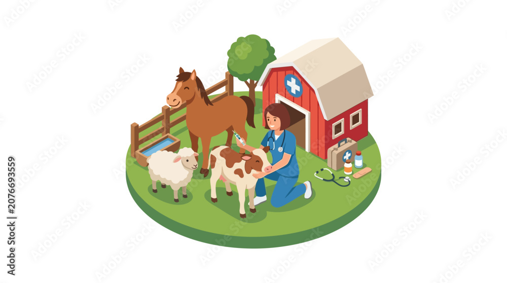 Naklejka premium Woman petting cow on green grass.