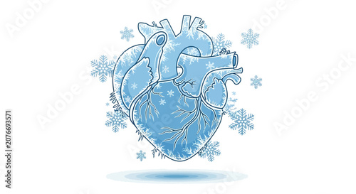 Artistic vector illustration of a human heart encased in ice and surrounded by intricate snowflakes, capturing the essence of cold weather, winter season, and chilling emotions