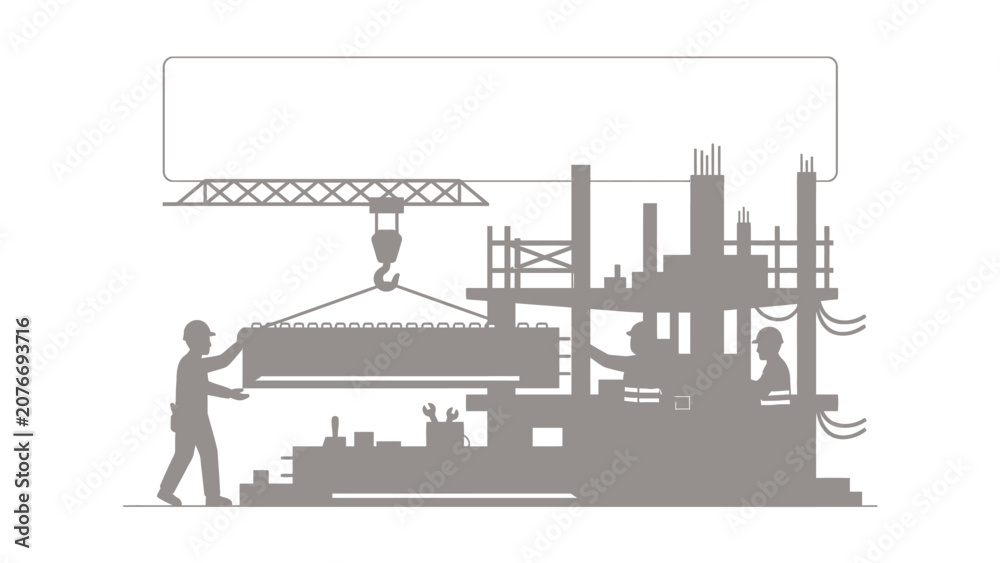Obraz premium Construction Site Crane Lifting Concrete Slab Workers Operating Machinery