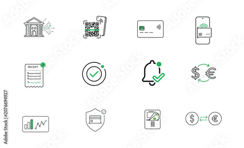 Digital Payment and FinTech Outline Icon pack - Mobile Wallet, Credit Card, QR Code and Secure Banking Symbols Vector Collection