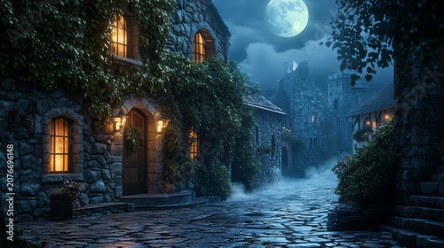 Charming forest village at night with full moon above stone street warm window lights and misty trees creating realistic fairy tale atmosphere peaceful rural travel scene mystery and cinematic silence