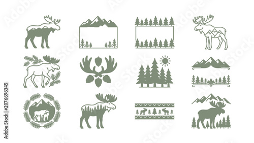 Forest Animal Mountain Nature Vector Graphics Set Moose Trees Deer