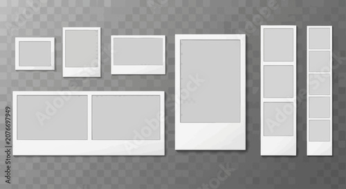 Vector collection of blank instant photo frames, various picture templates, and photo booth strips. Realistic mockups on a transparent background for creative design